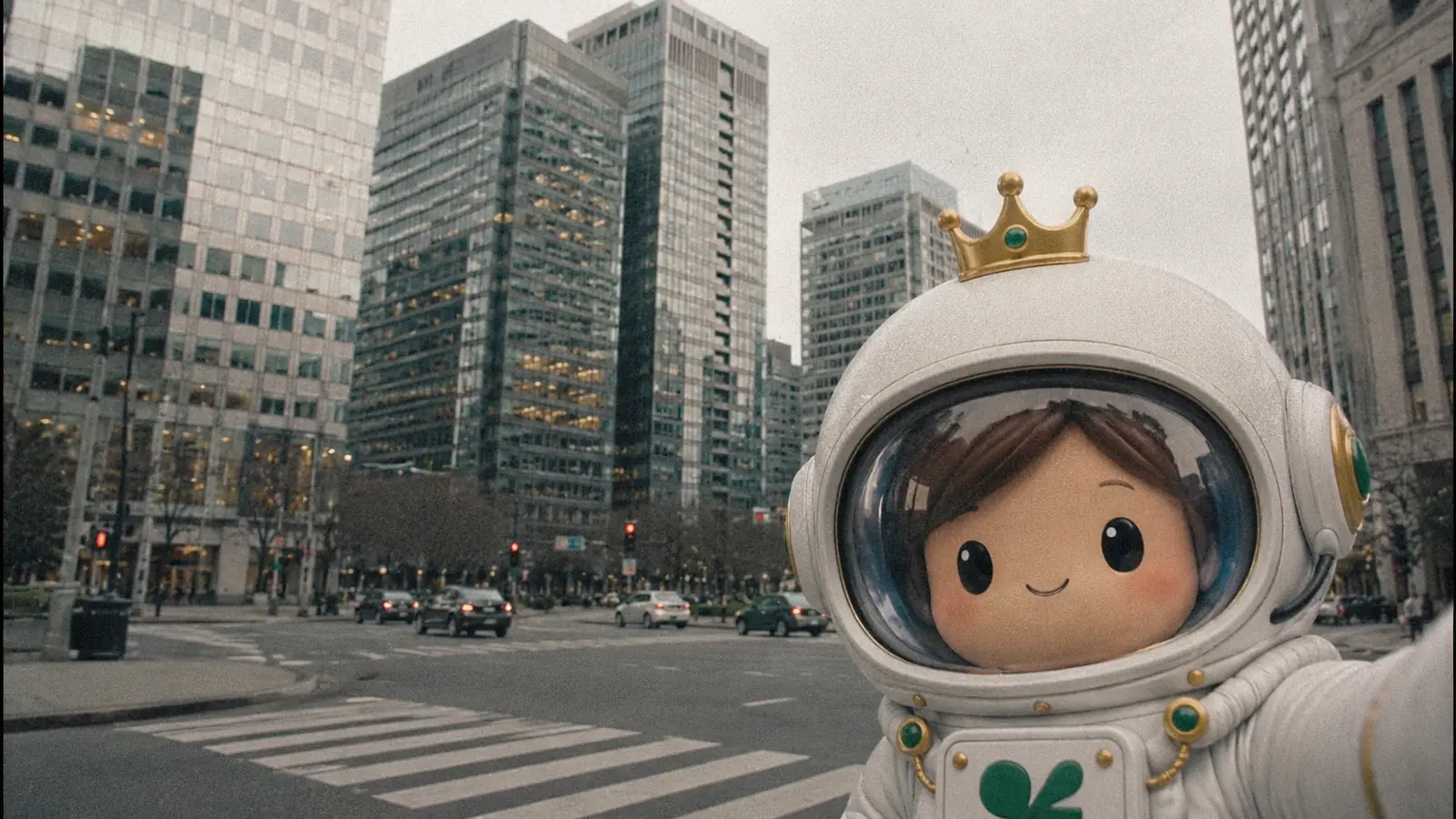La Patrona, the Elevate ads agent, in a city skyline